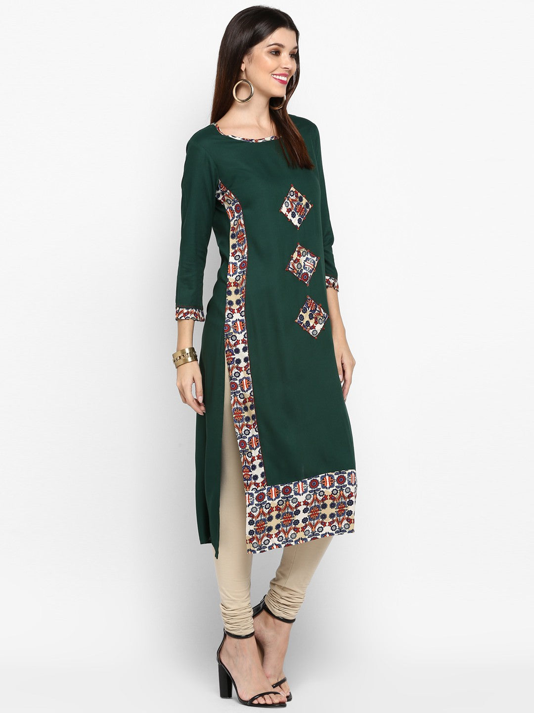 Green Printed Rayon Straight Kurti