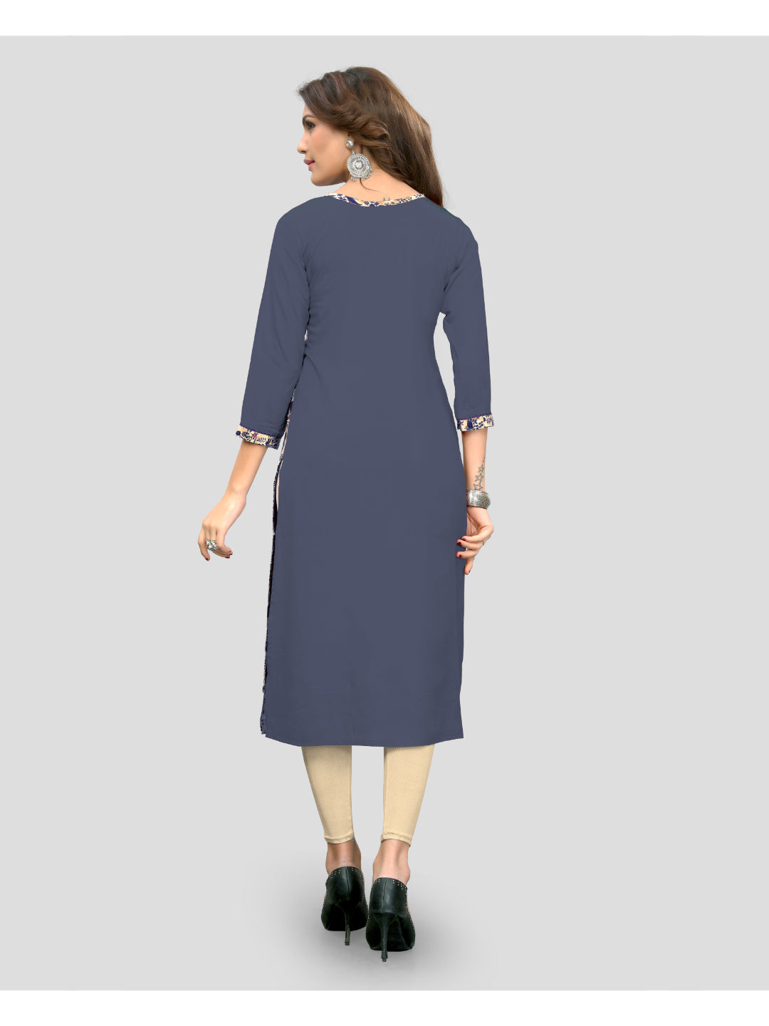 Grey Printed Rayon Straight Kurti