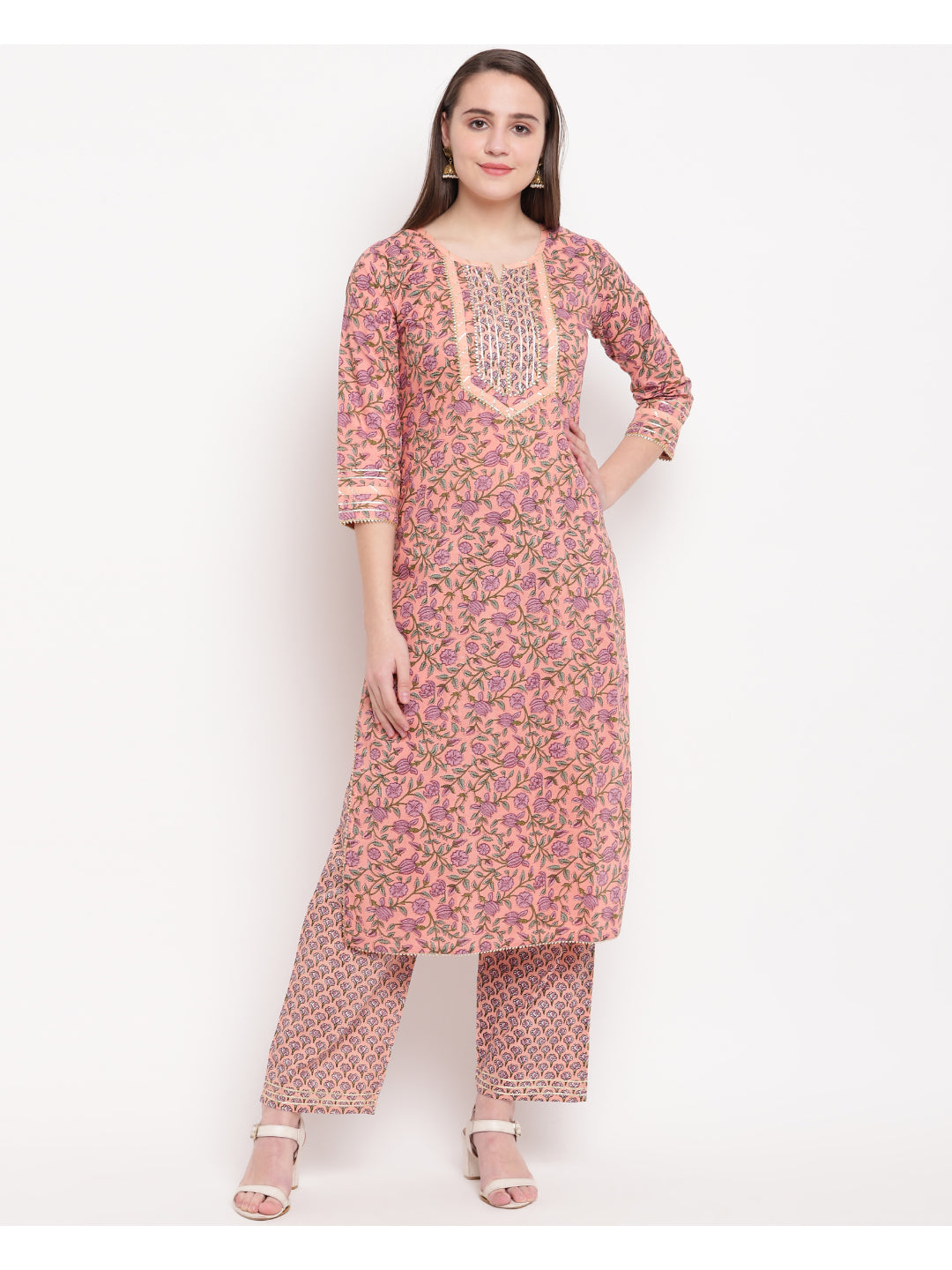 Peach Printed Straight Cotton Kurti Set