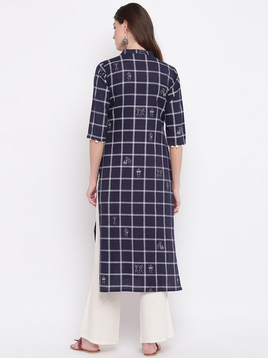 Navy Blue Printed Straight Cotton Kurti