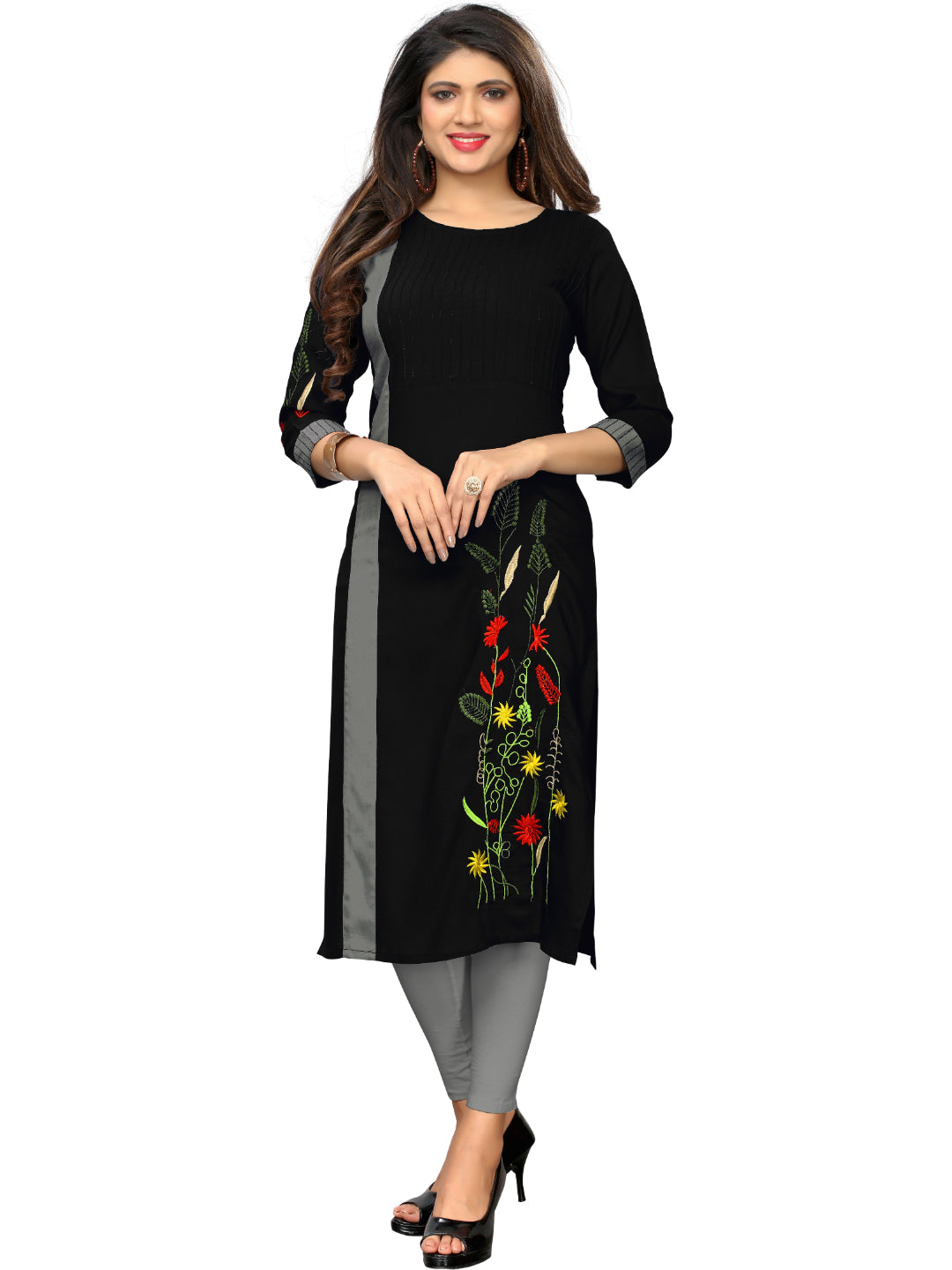 Black Embroidered Straight Rayon Kurti
