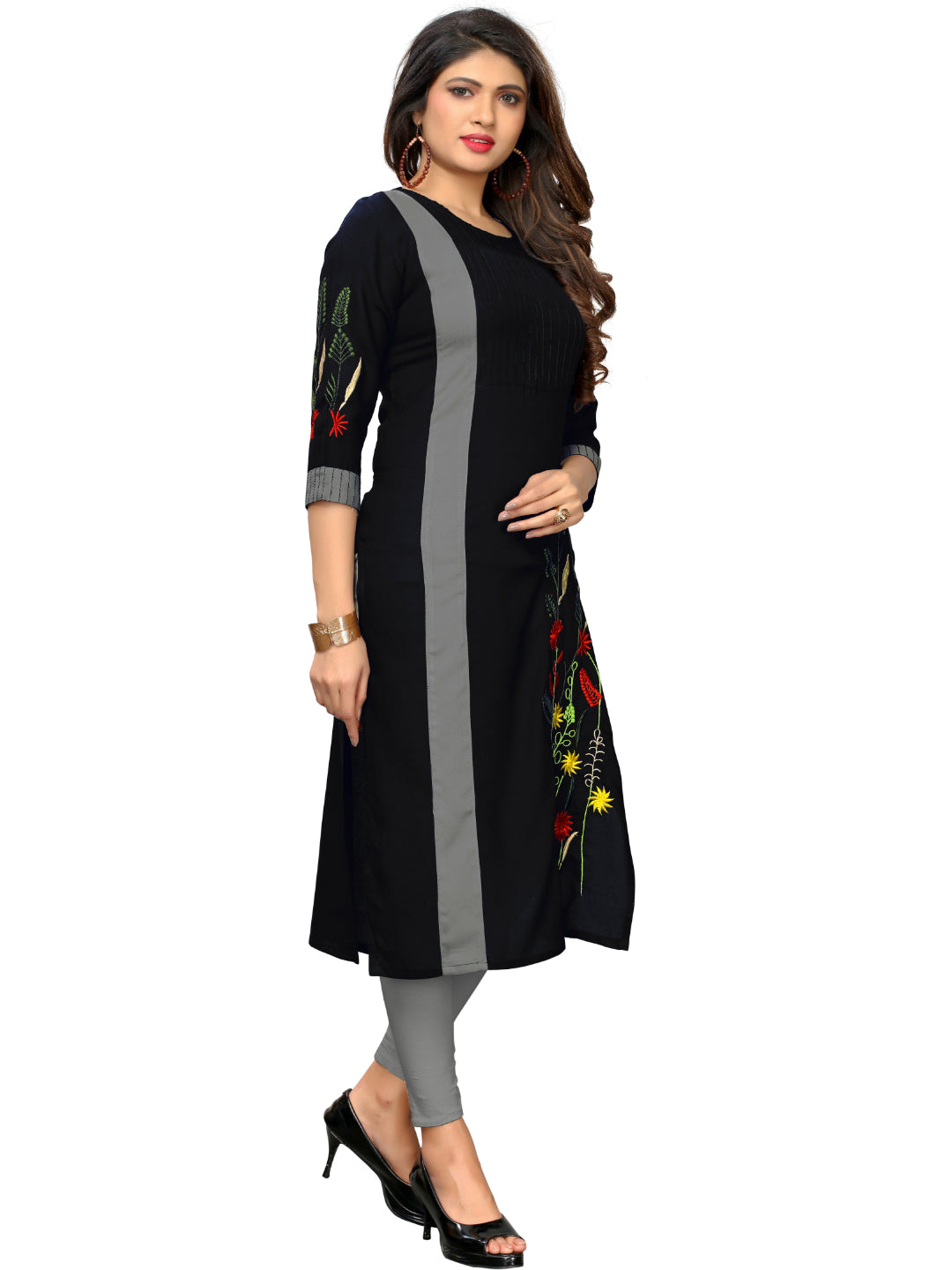 Black Embroidered Straight Rayon Kurti
