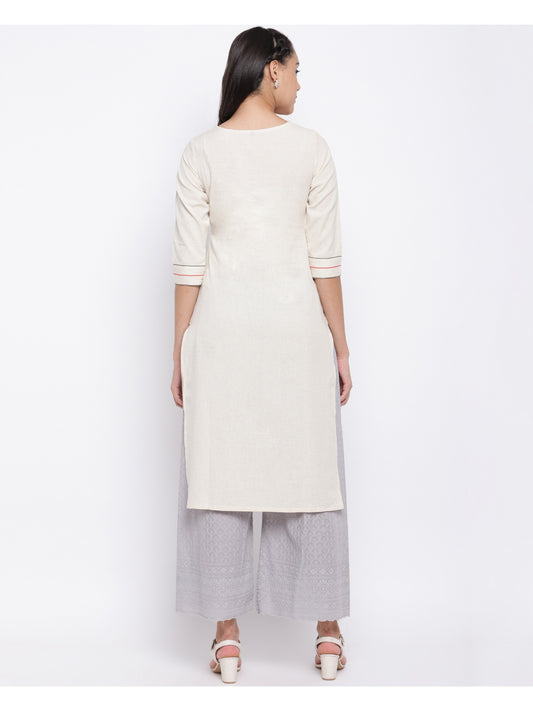 Off White Embroidered Straight Cotton Kurti