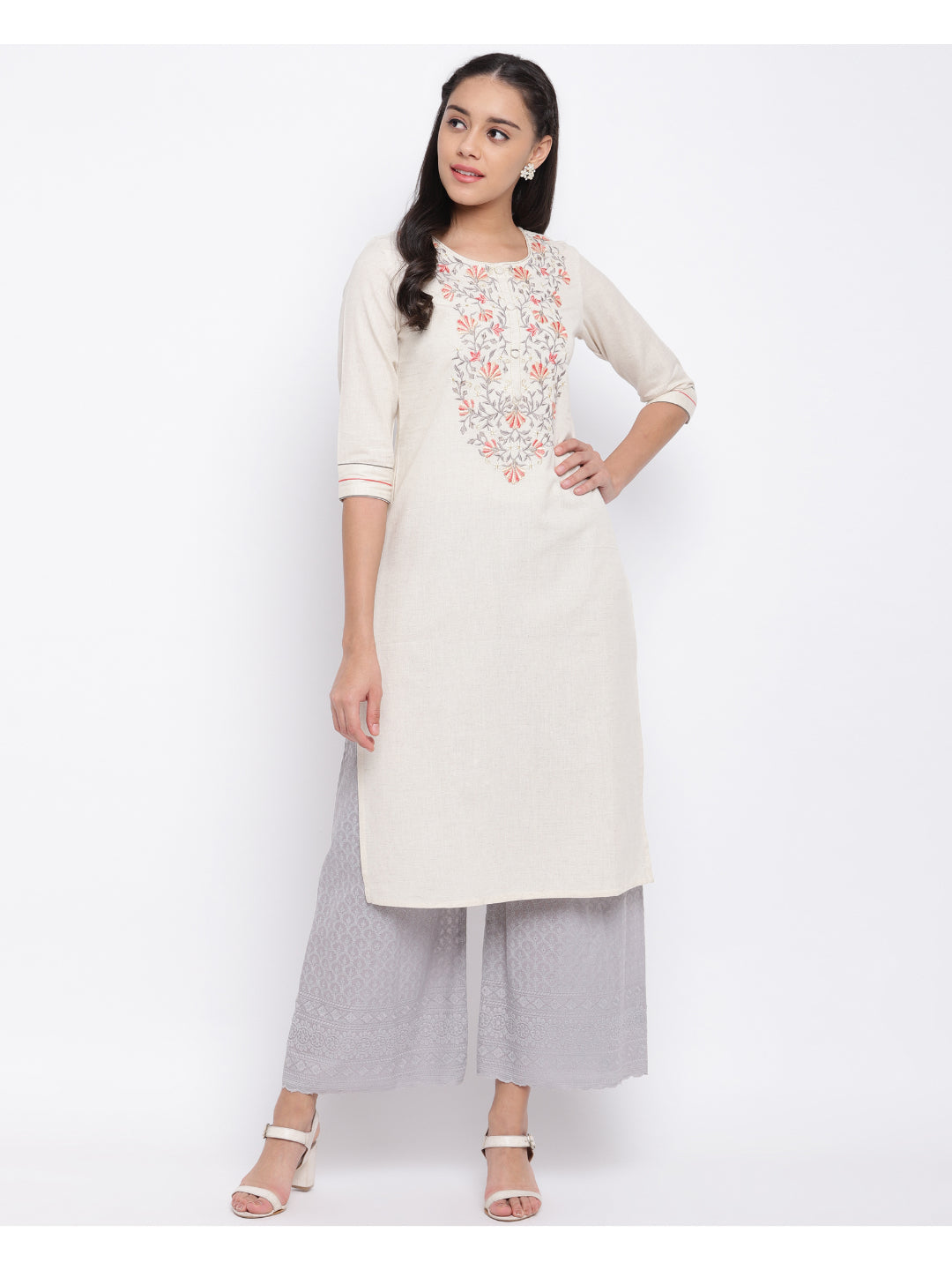 Off White Embroidered Straight Cotton Kurti
