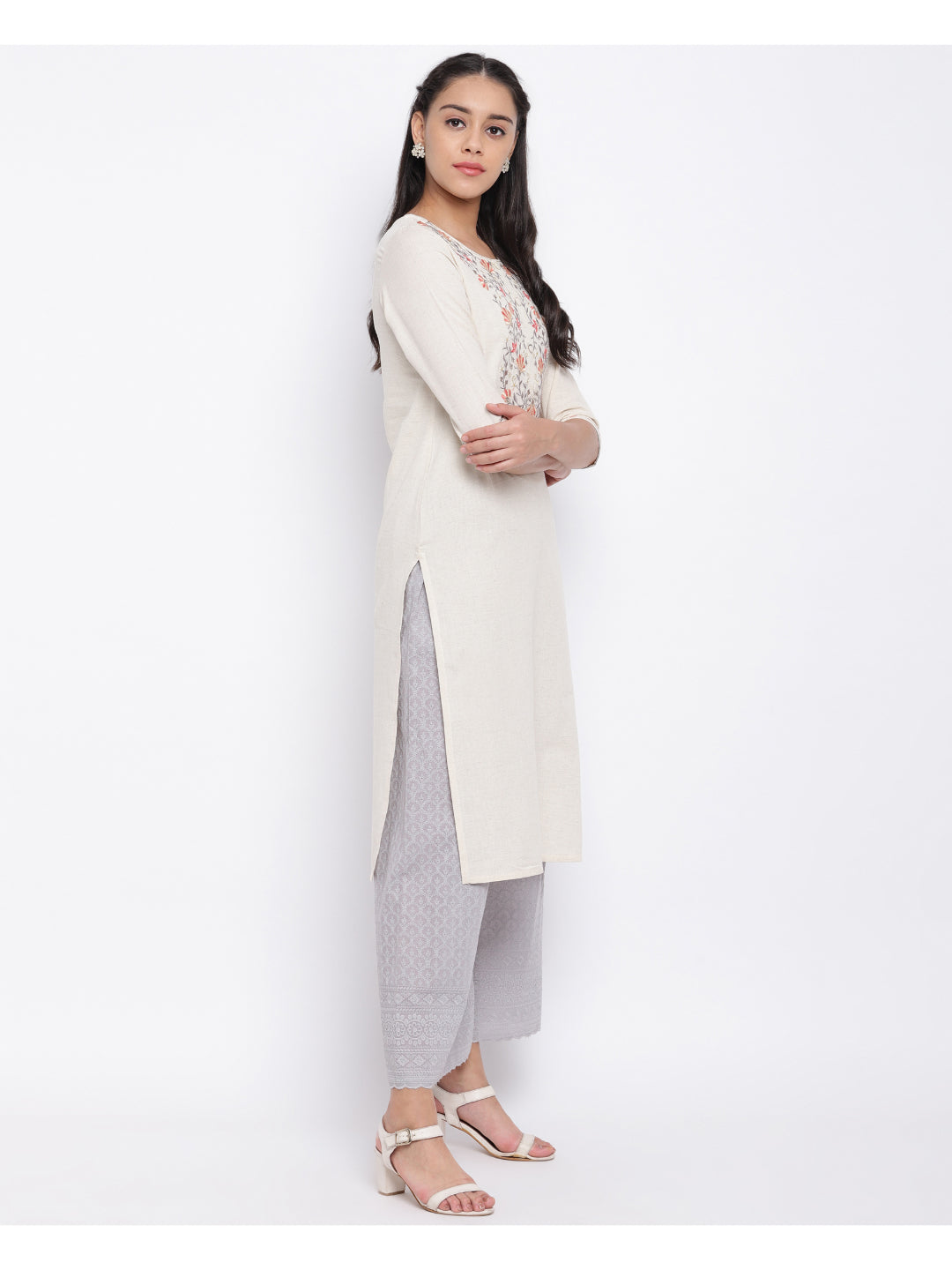 Off White Embroidered Straight Cotton Kurti