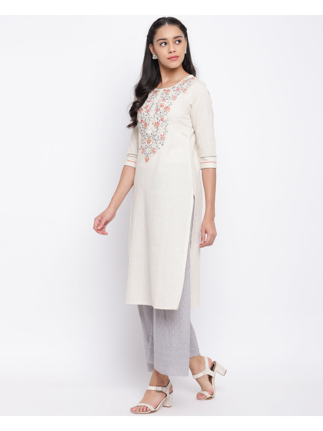 Off White Embroidered Straight Cotton Kurti