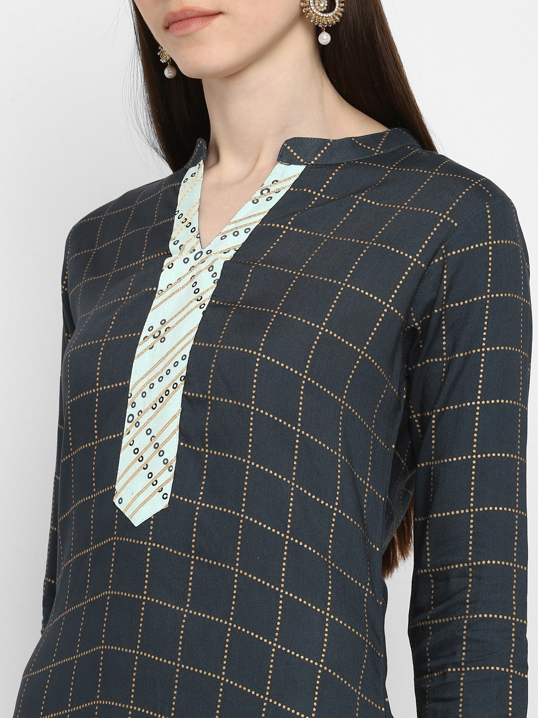 Aqua Blue Embroidered Straight Rayon Kurti Set