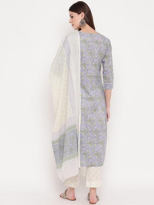 Lavender Embroidered Straight Cotton Kurta Set