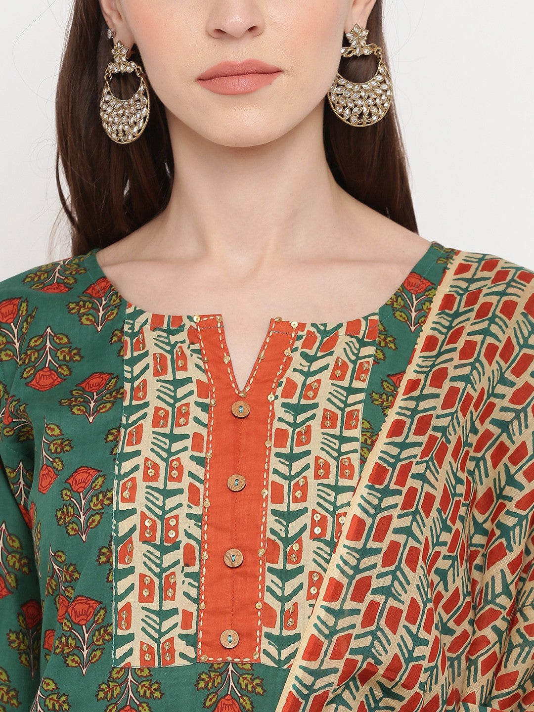 Green Embroidered Straight cotton Kurta Set