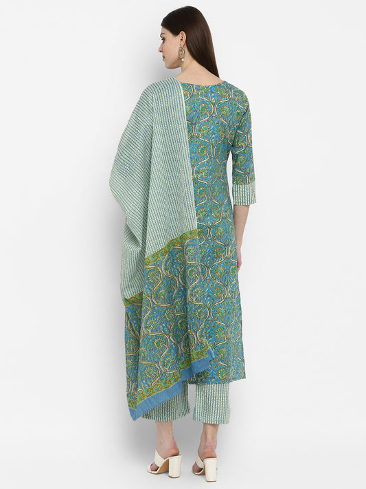 Blue Floral Print Straight Cotton Kurta Set