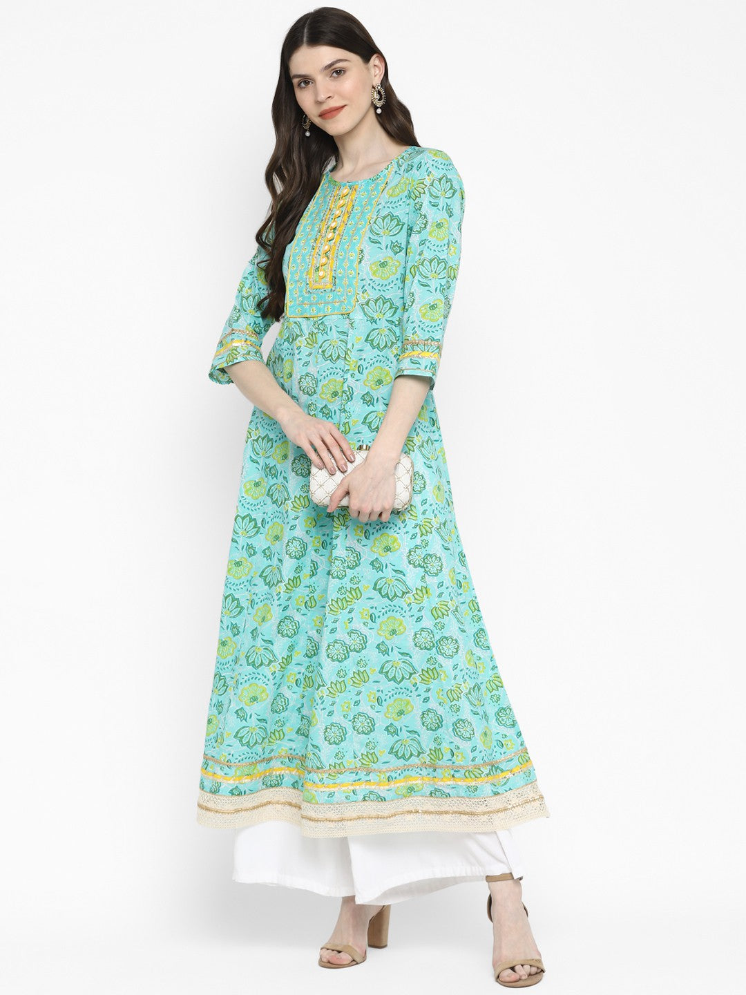 Turquoise Embroidered Anarkali Cotton Kurta