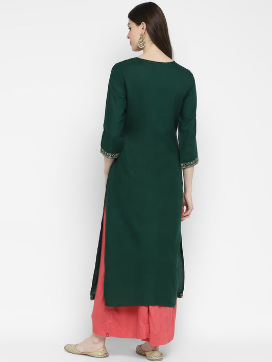 Green Embroidered Straight Rayon Kurta