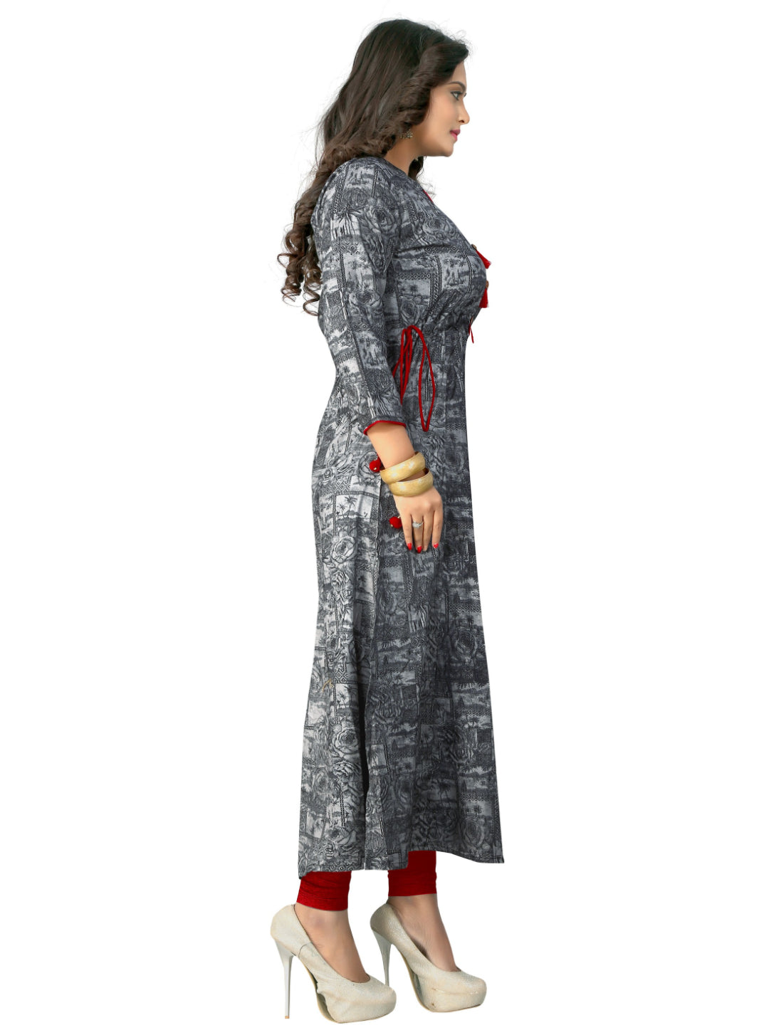 Grey Printed Rayon A-line Kurti