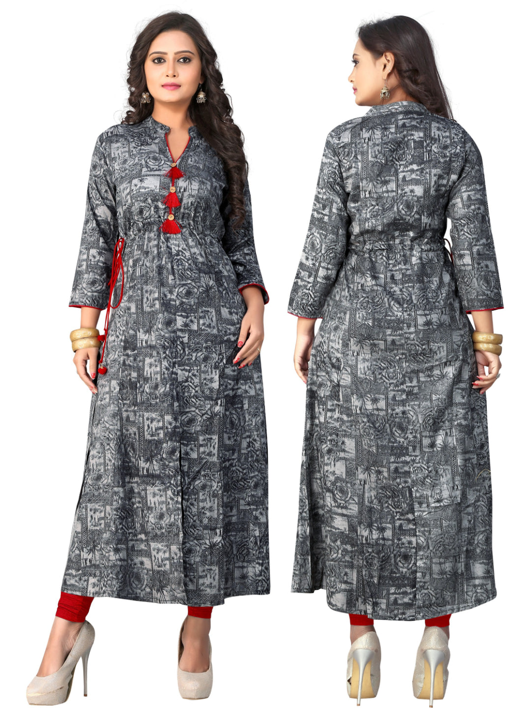 Grey Printed Rayon A-line Kurti
