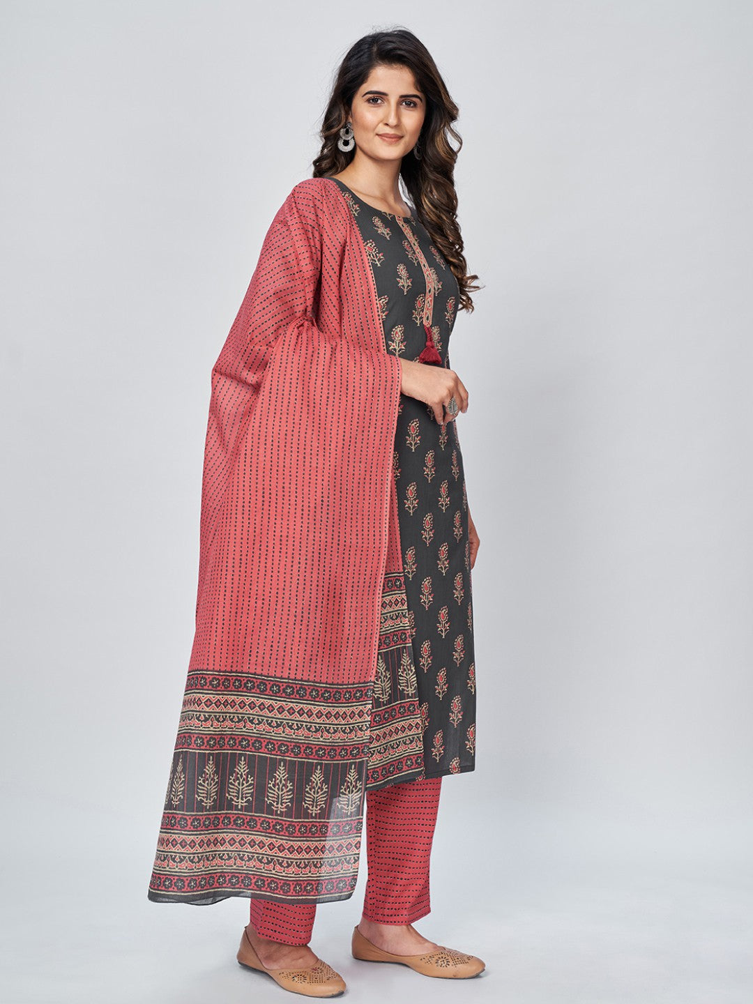 Grey Embroidered Straight Cotton Kurta Set