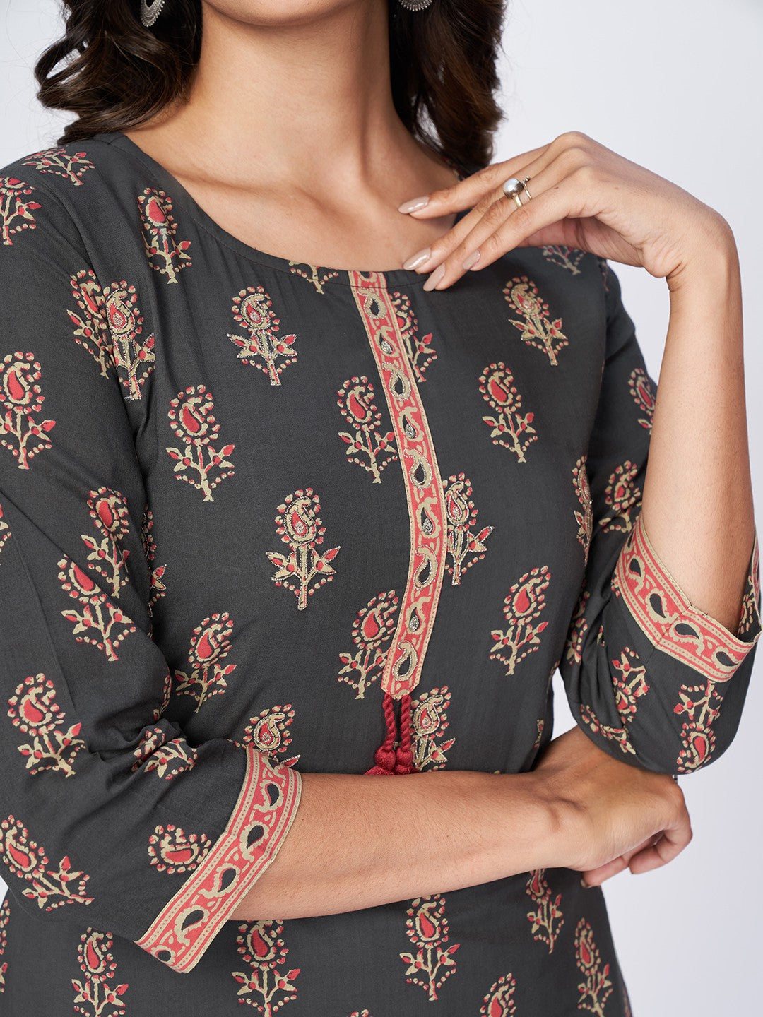 Grey Embroidered Straight Cotton Kurta Set
