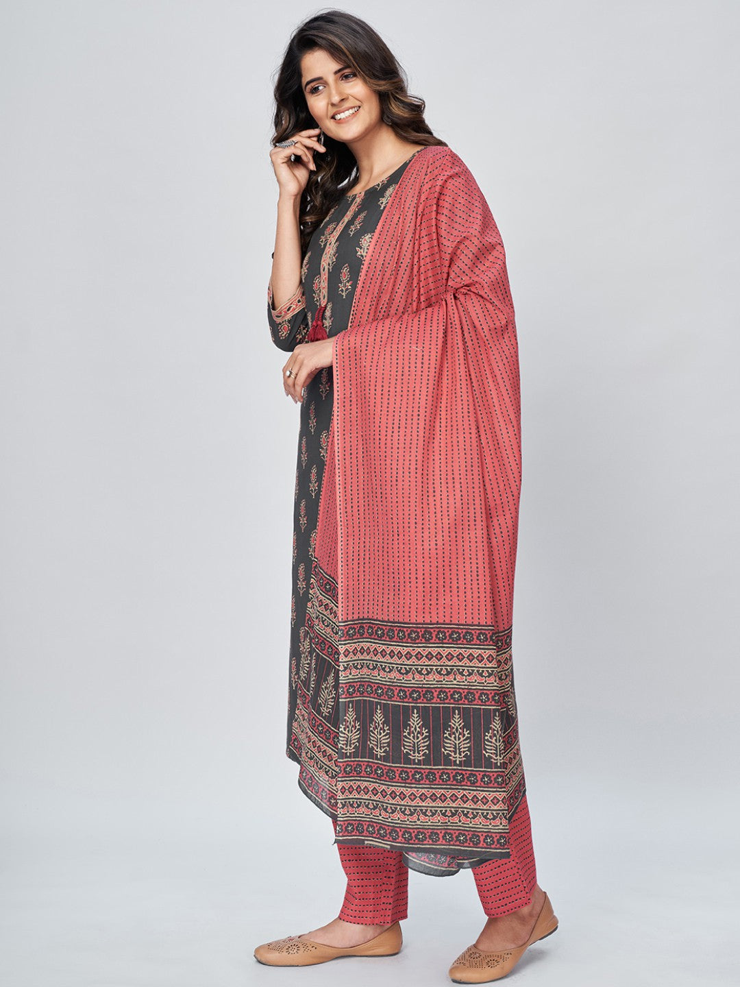 Grey Embroidered Straight Cotton Kurta Set