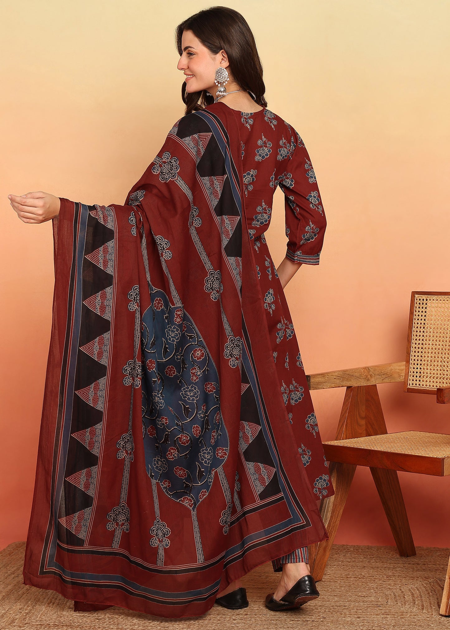 Maroon Floral Printed A-Line Cotton Stitched Kurta, Pant With Dupatta
