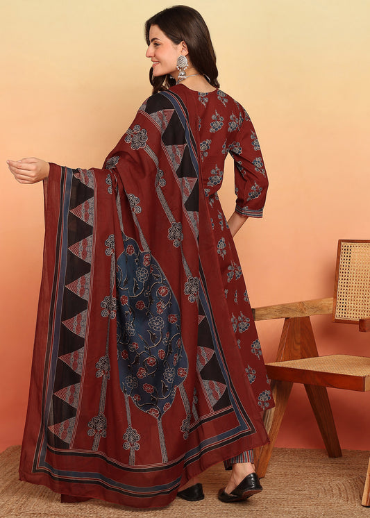 Maroon Floral Printed A-Line Cotton Stitched Kurta, Pant With Dupatta