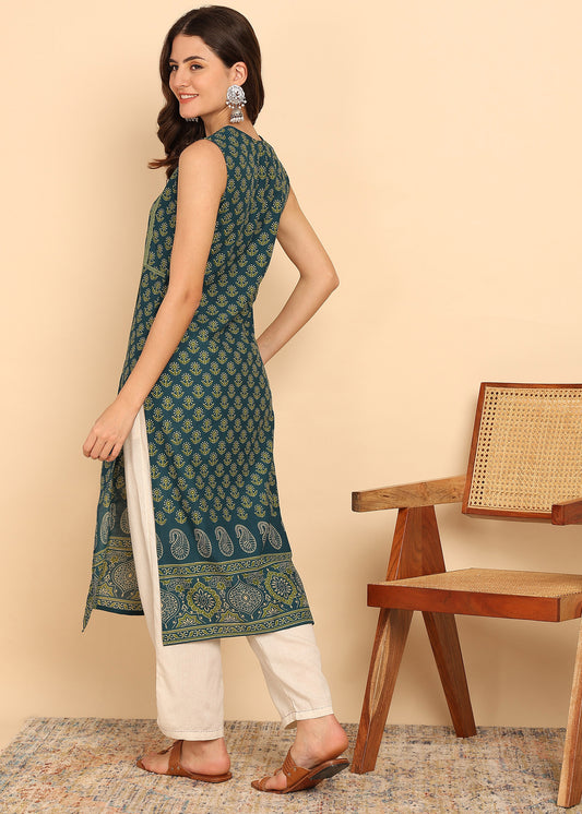 Aqua Green Floral Printed Straight Cotton Stitched Kurta