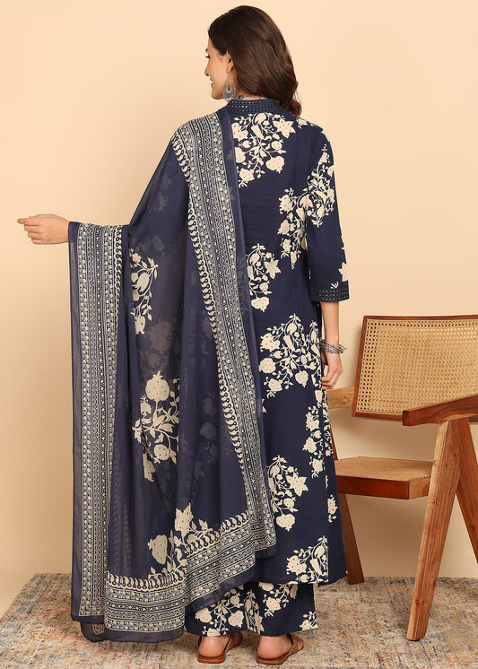 Navy Blue Floral Printed Anarakali Cotton Stitched Kurta Set