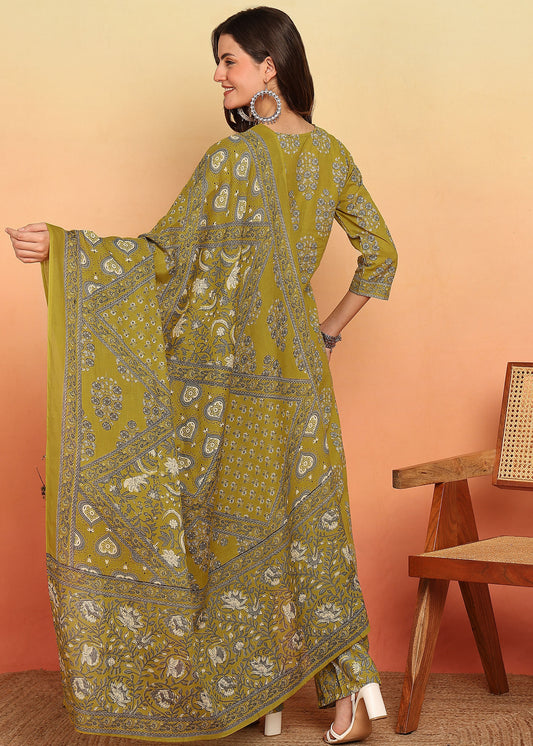Mahendi Green Floral Printed Straight Cotton Stitched Kurta Set