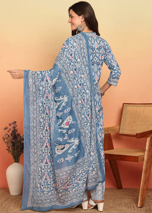 Sky Blue Geometric Printed Straight Cotton Stitched Kurta Set