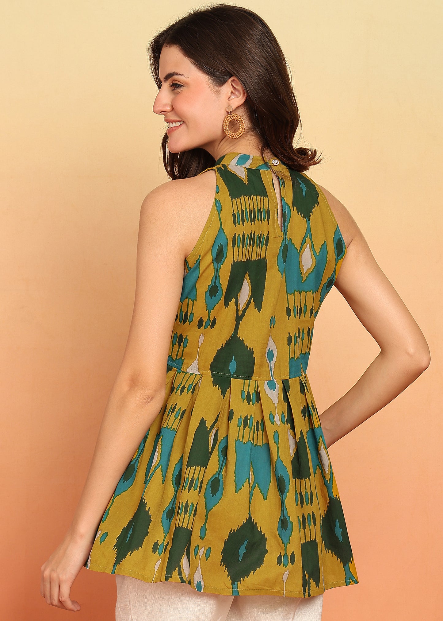 Pastle Yellow Geometric Printed Fit And Flare Cotton Stitched Tunic