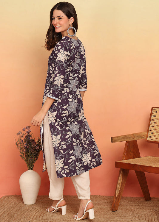Purple Floral Printed Straight Cotton Stitched Kurta