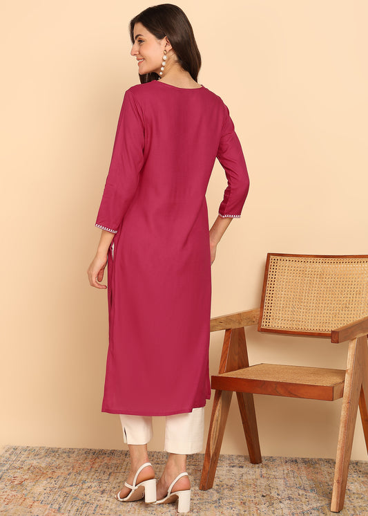 Pink Solid Straight Rayon Stitched Kurta