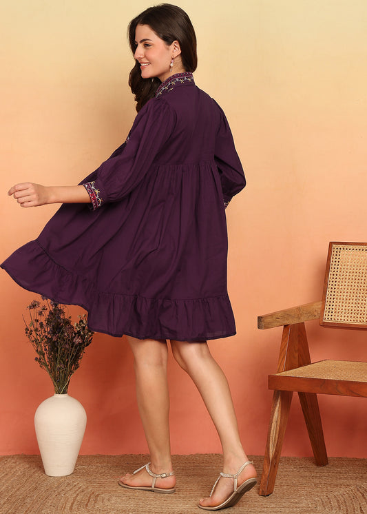 Dark Purple Solid With Embroidery Flare Cotton Stitched Dress