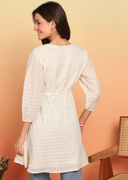 Off-White Embroidery A-Line Cotton Jacquard Stitched Tunic