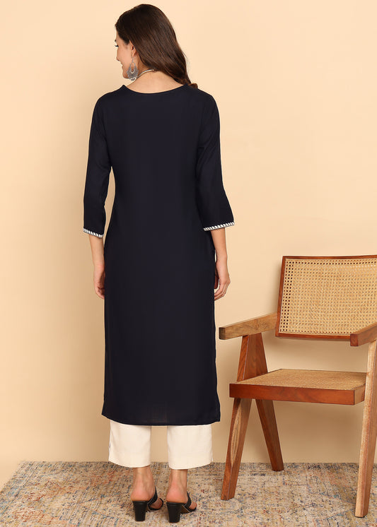Black Solid Straight Rayon Stitched Kurta