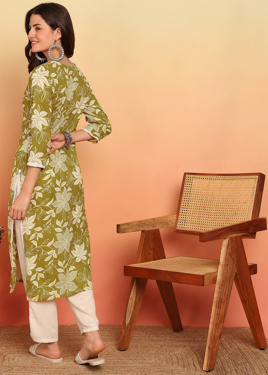Mustard Floral Printed Straight Cotton Stitched Kurta
