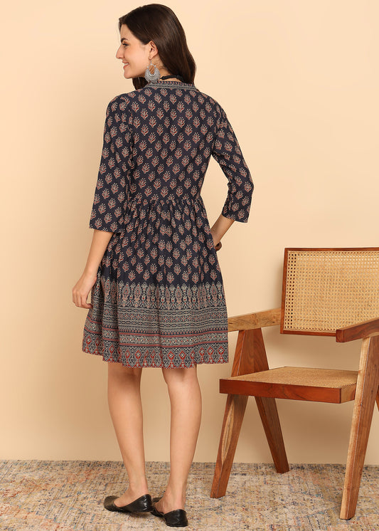 Black Floral Printed Fit And Flare Cotton Stitched Dress