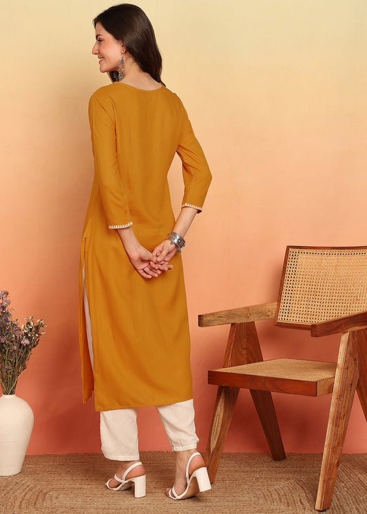 Mustard Solid Straight Rayon Stitched Kurta