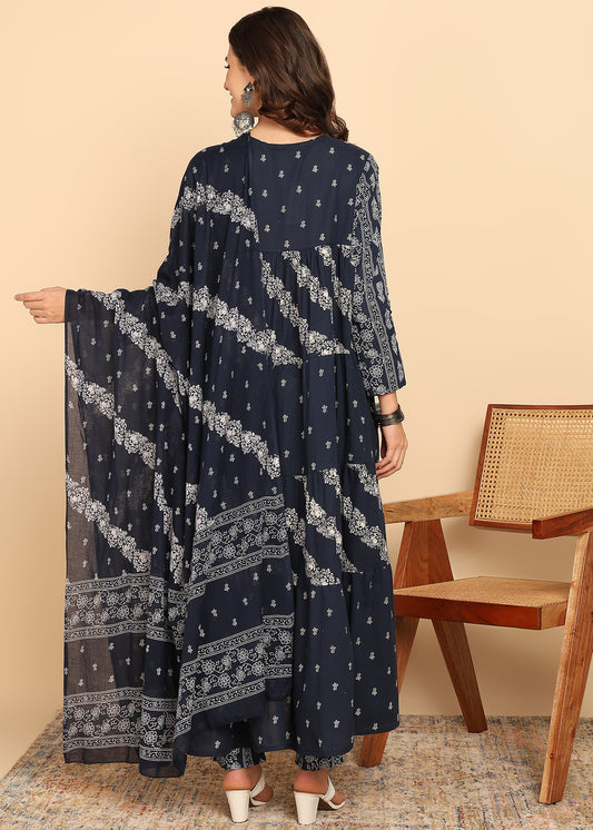 Navy Blue Floral Printed Anarakali Cotton Stitched Kurta, Pant With Dupatta