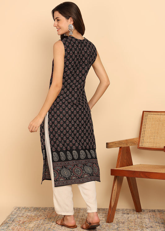 Black Floral Printed Straight Cotton Stitched Kurta