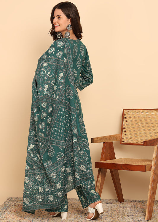 Peacock Floral Printed Straight Cotton Stitched Kurta, Palazzo With Dupatta