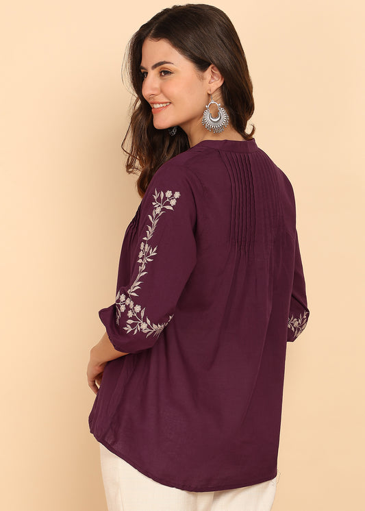 Magenta Solid Fit And Flare Cotton Stitched Top