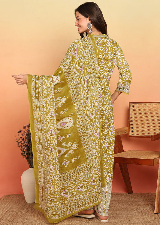 Mahendi Green Geometric Printed Straight Cotton Stitched Kurta, Pant With Dupatta