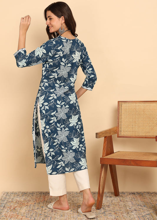 Peacock Floral Printed Straight Cotton Stitched Kurta