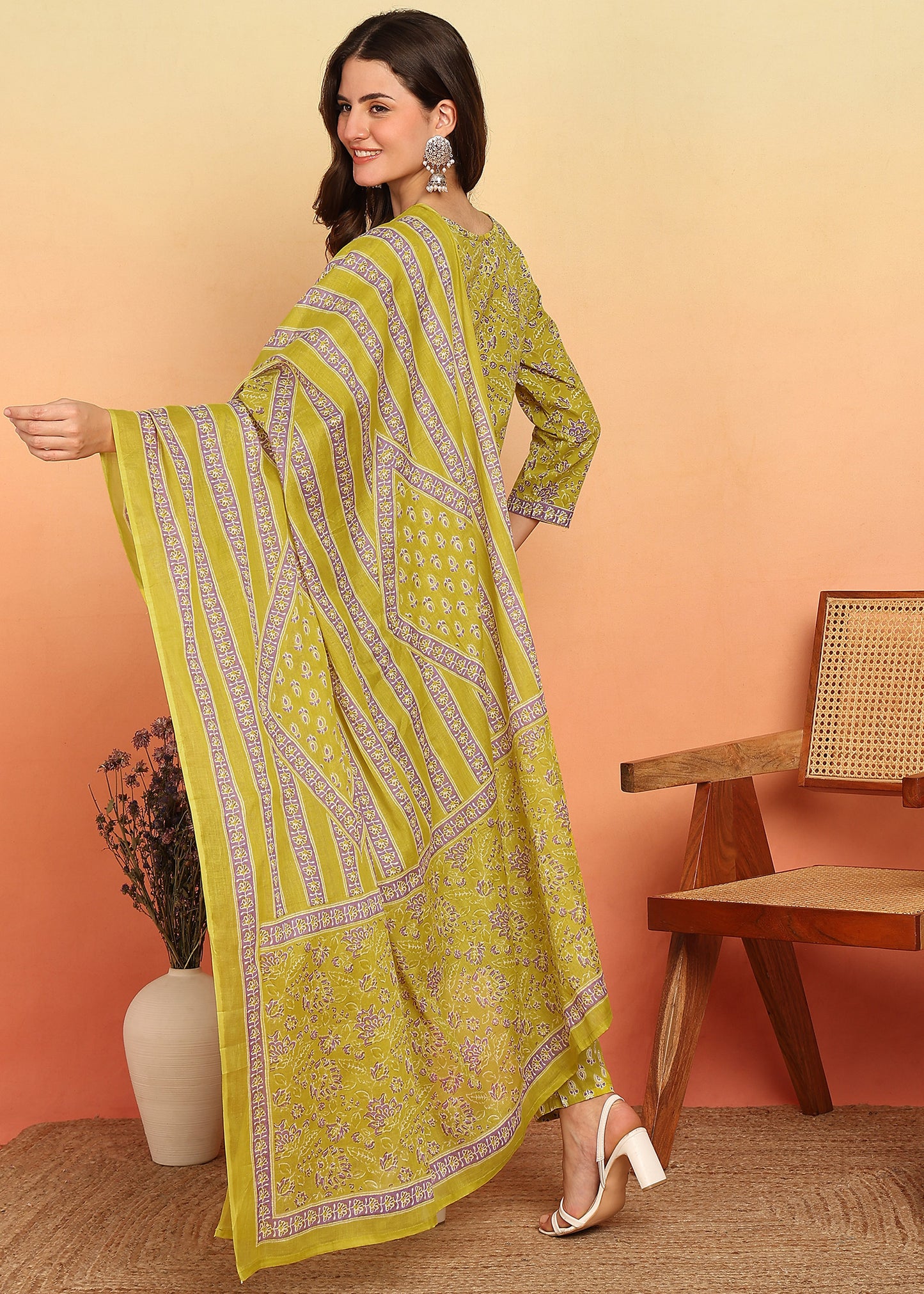 Mustard Floral Printed Straight Cotton Stitched Kurta Set