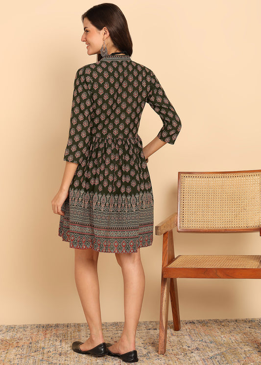 Maroon Floral Printed Fit And Flare Cotton Stitched Dress