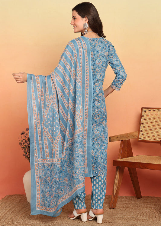 Sky Blue Floral Printed Straight Cotton Stitched Kurta, Pant With Dupatta