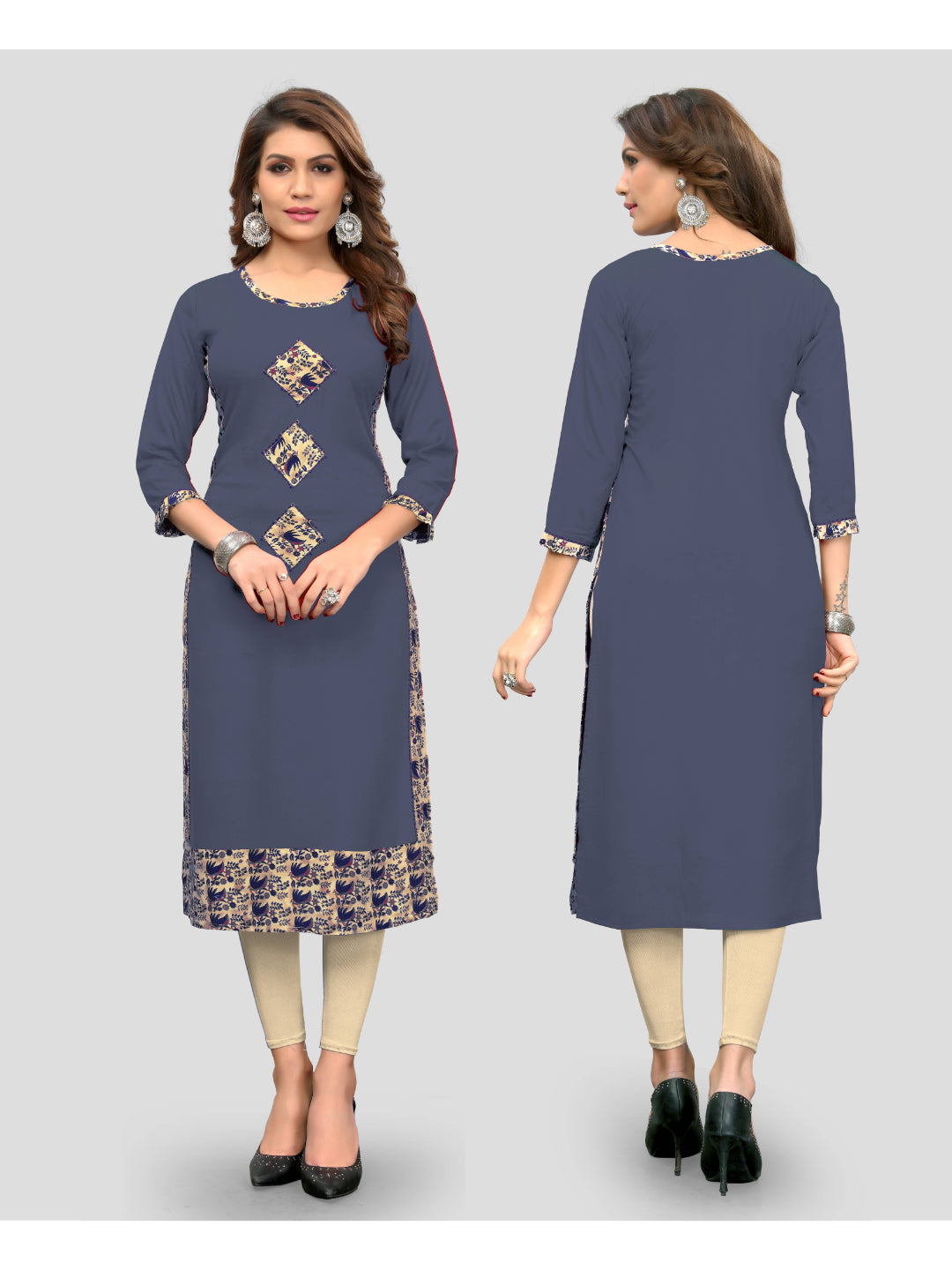 Grey Printed Rayon Straight Kurti