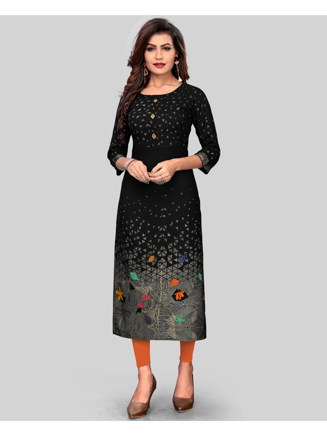 Black Printed Rayon Straight Kurti