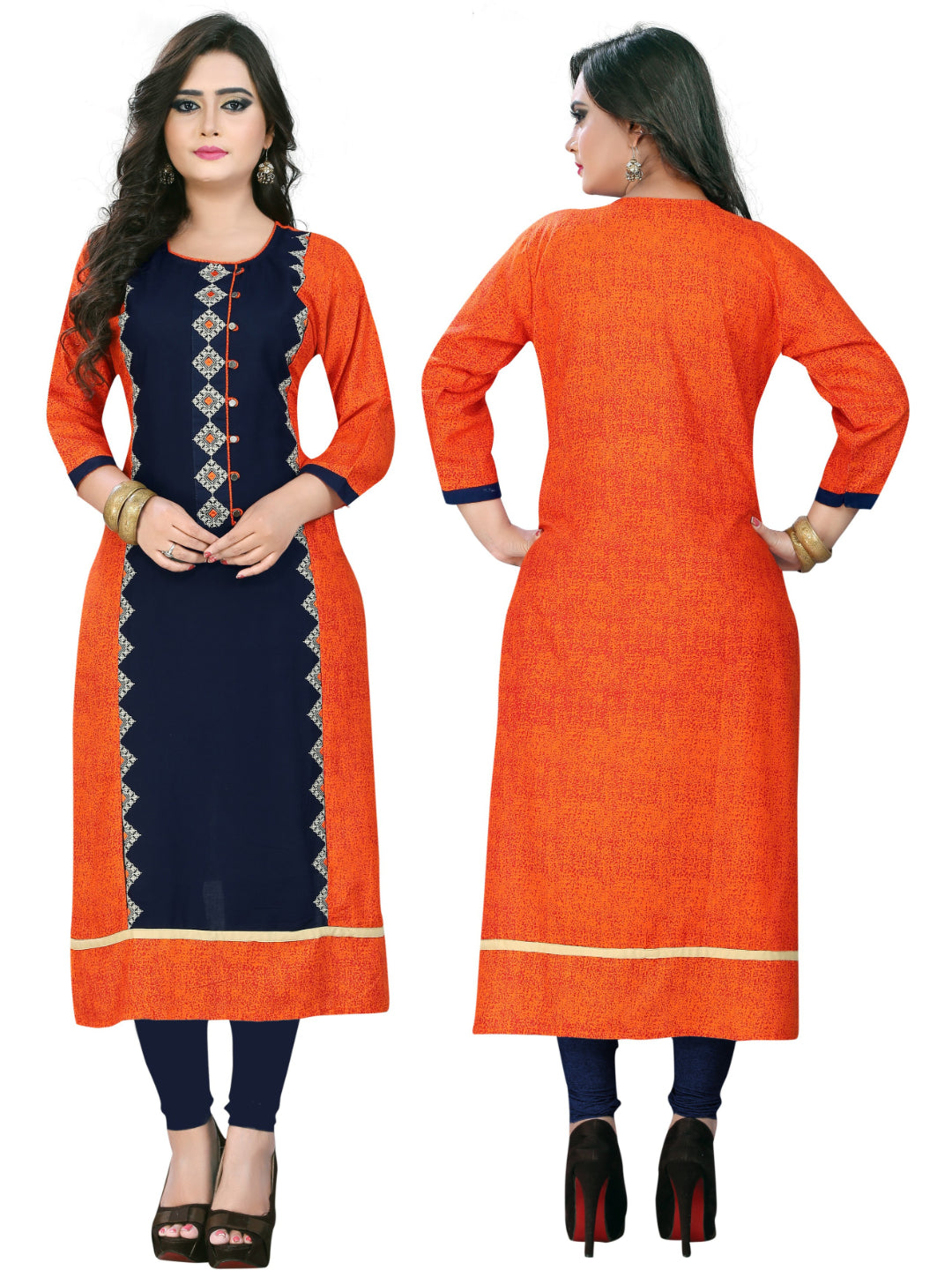 Orange & Blue Embroidered Rayon Straight Kurti
