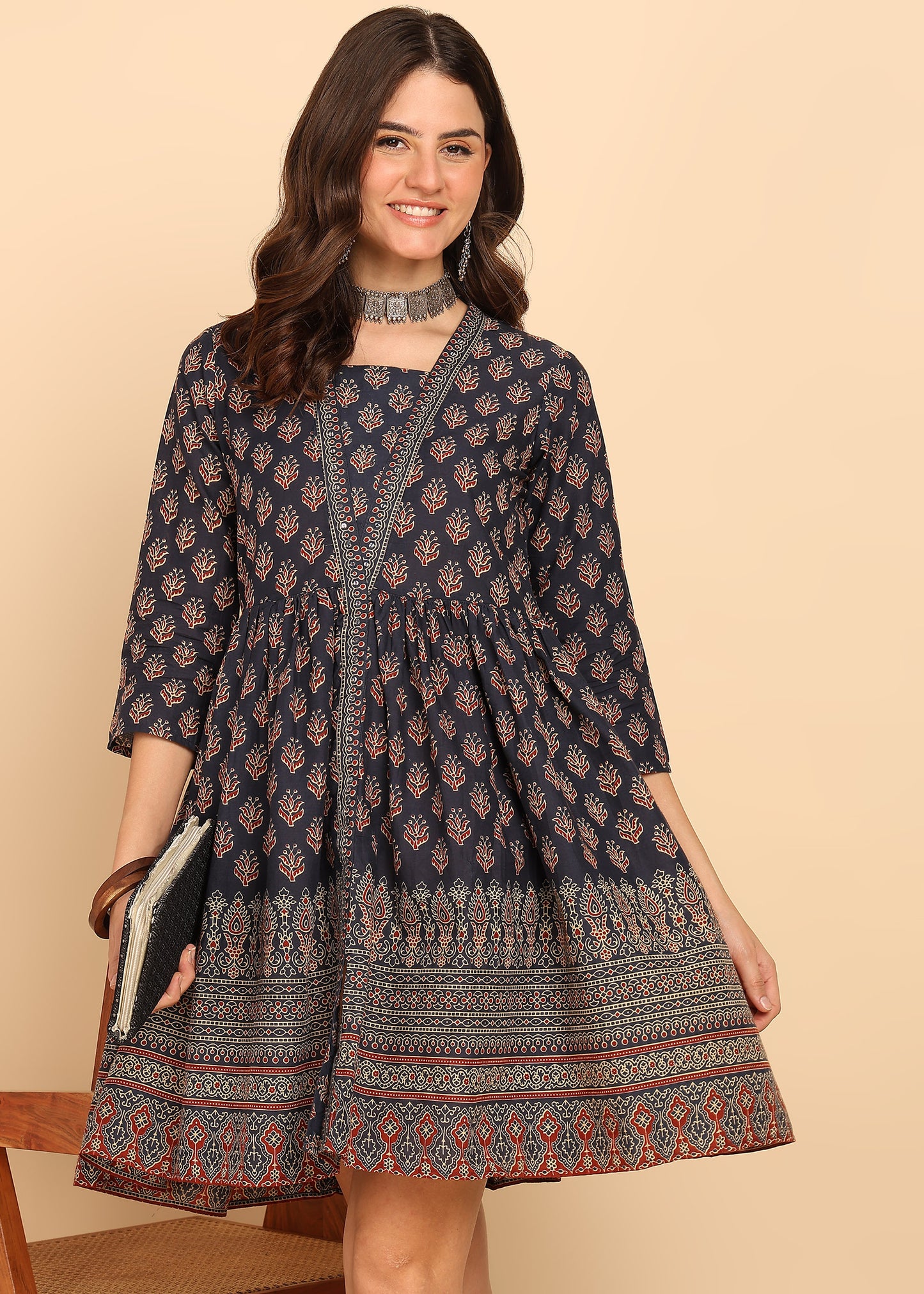 Black Floral Printed Fit And Flare Cotton Stitched Dress
