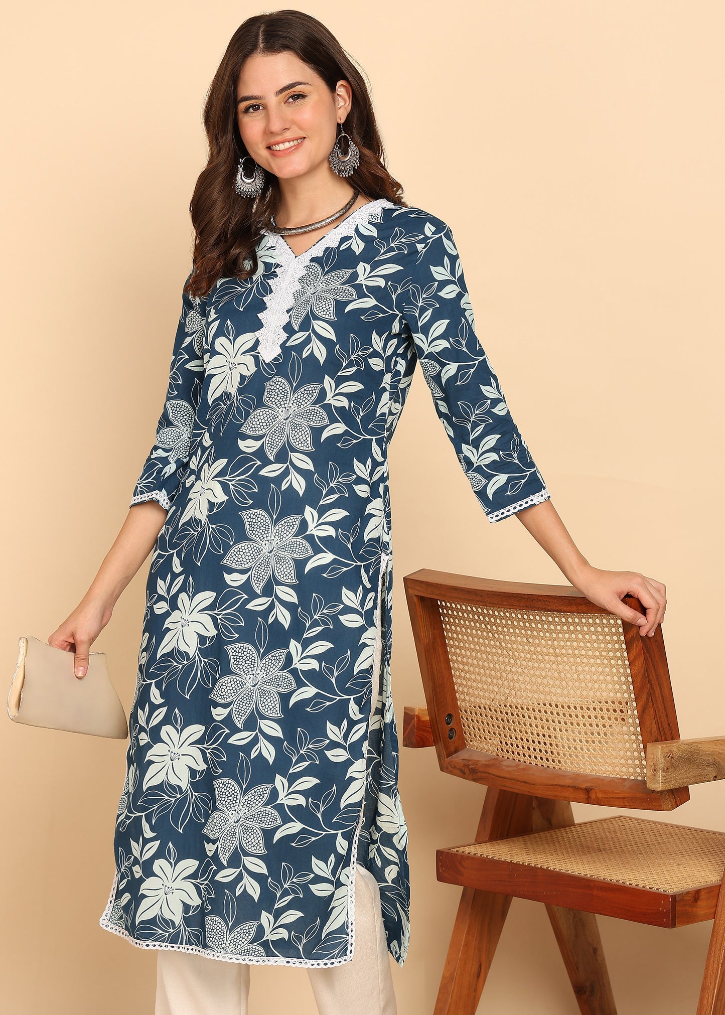 Peacock Floral Printed Straight Cotton Stitched Kurta